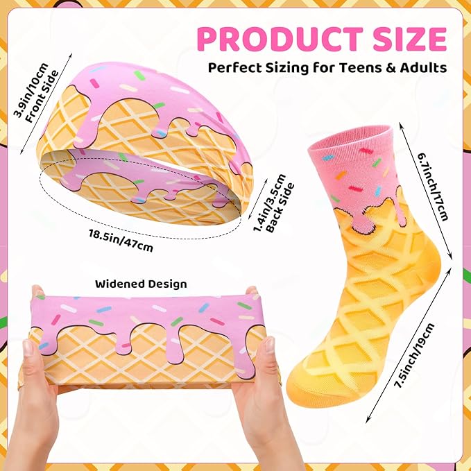 Ice Cream Baseball Headband and Ice Cream Sock Sports Elastic Sweatband Funny Sports Baseball Gifts for Youth Teen Women Men Athletes Football Basketball Running Gym Party Favors