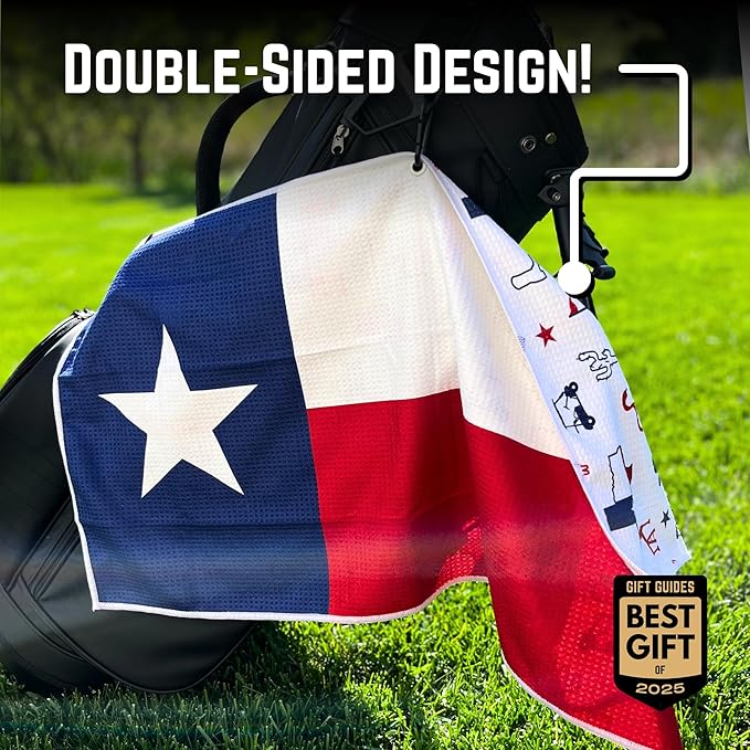 Pin Hunters Texas Flag Microfiber Golf Towel | Premium Waffle Towel with Clip | Large 31"×15.5" Towel for Golf Bags | Accessories for Men | Fun Gift for Husband | USA Pride