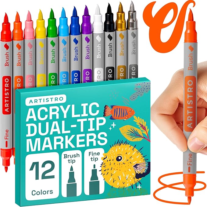 ARTISTRO 12 Dual Tip Brush + Fine Acrylic Paint Markers by ARTISTRO