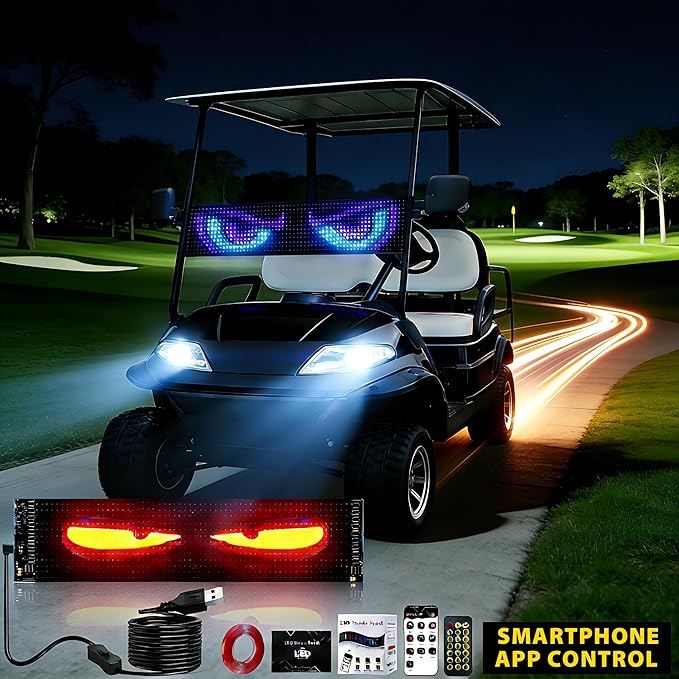 Golf Cart Devil Eyes Light, 23x5in Programmable Flexible LED Digital Display Smart APP Control Custom Text DIY Pattern, Golf Cart Lights Soft Screen LED Lights for Car Trucks Decor