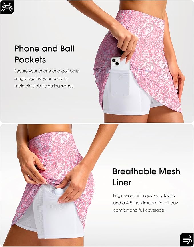 G Gradual 18" Golf Skirts for Women Zipper Pockets Mid Length Skort with Shorts Underneath High Waist Tennis Pickleball