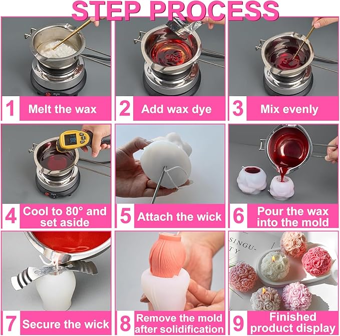 JDH 2 PCS Rose Ball Round Candle Mold 3D Rose Flowers Silicone Mold Flower - Image 3