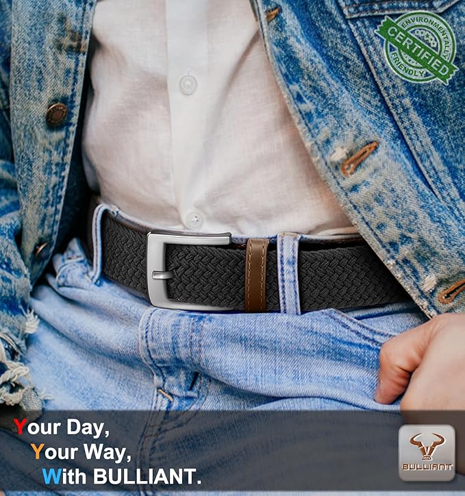 BULLIANT Belt for Men 2Pack,Mens Gift Stretch Braided Web Belt Elastic for Casual Golf Jeans,1 3/8"