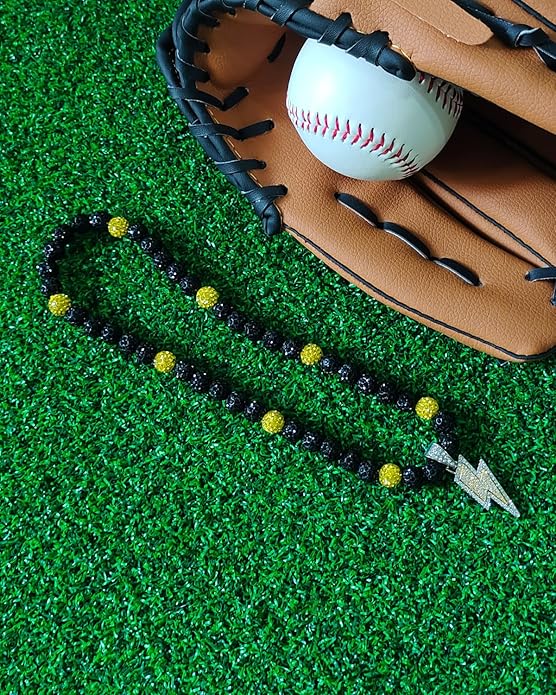 Baseball Necklace for Men 16/18/20 Inch Bling Ice Collection Lightning Bolt Pendant Necklace for Women Rhinestone Clay Beaded Discoball Accessories Gifts for Baseball Team Players Lovers
