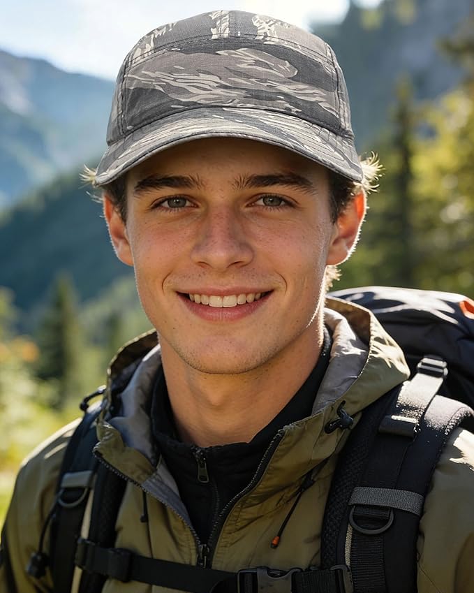 CLAPE Camo Short Brim Baseball Cap for Men, Low Profile 5 Panel Camper Hat Breathable Cotton Summer Outdoor Cool Running Hat