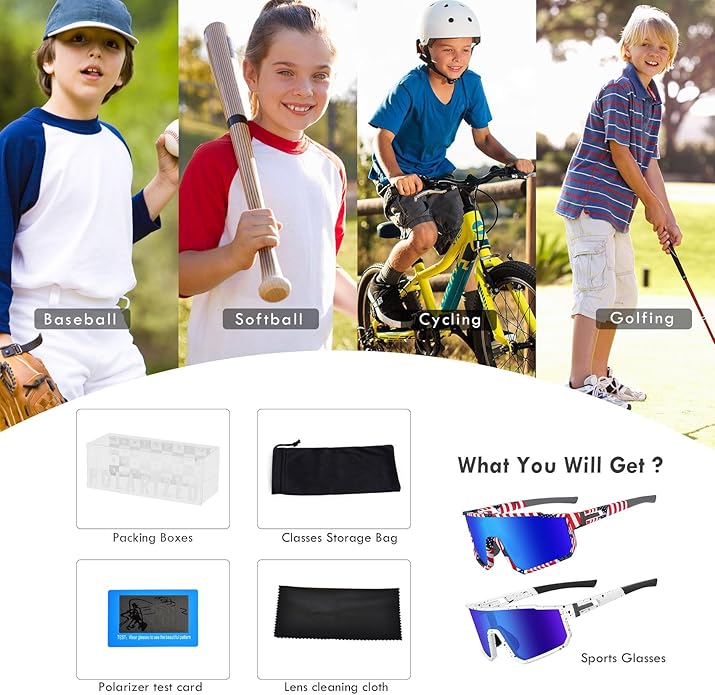 MVPTGRS Youth Baseball Sunglasses for Boys Girls Age 8-14 TR90 Frame Kids Sport Sunglasses for Softball Cycling Baseball Golf