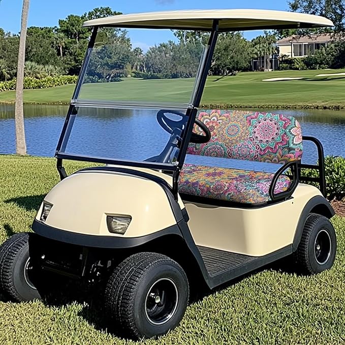 Bulopur Boho Mandala Golf Cart Towel Seat Cover Non-Slip Breathable Golf Car Cushion Cover and Backrest Cover 2 Pack Golfcart Accessory for Women Girly Golfer Gifts