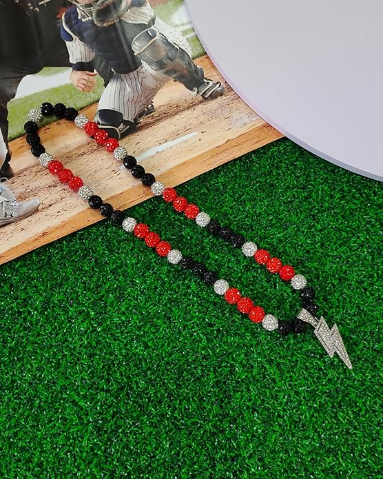 Baseball Necklace for Men 16/18/20 Inch Bling Ice Collection Lightning Bolt Pendant Necklace for Women Rhinestone Clay Beaded Discoball Accessories Gifts for Baseball Team Players Lovers