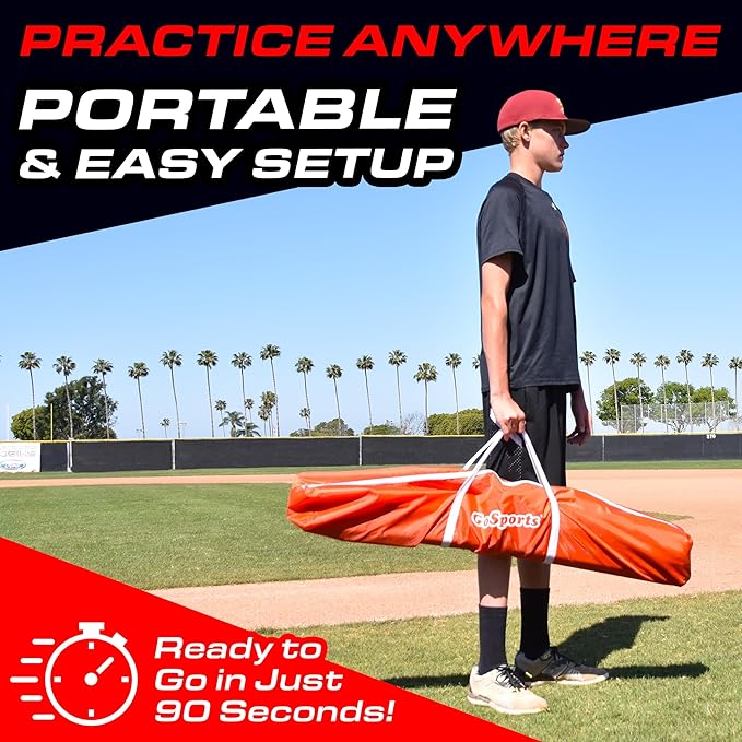 GoSports 7 ft x 7 ft Baseball & Softball Nets - Red, Black, or PRO -Practice Hitting & Pitching Net with Bow Type Frame, Carry Bag and Strike Zone, Great for All Skill Levels