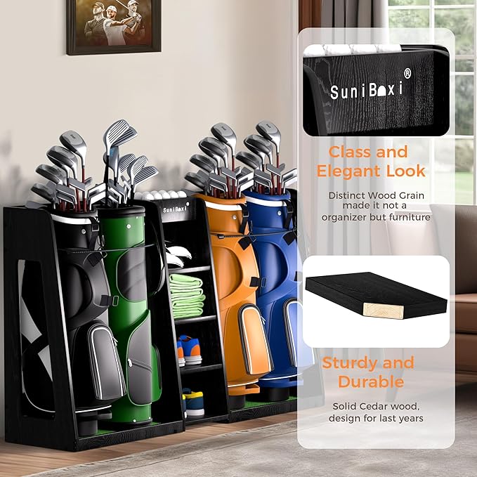 SuniBoxi Wooden Golf Storage Organizer for Garage, Premium Golf Bag Holder Rack for Golfing Accessories, Great Gift for Golfers,Husband, Dad