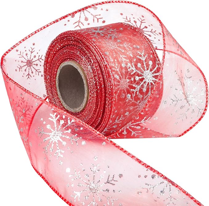 2.5 Inch Wide Christmas Wired Ribbon Snowflake Organza Sheer Glitter Ribbon by Livder