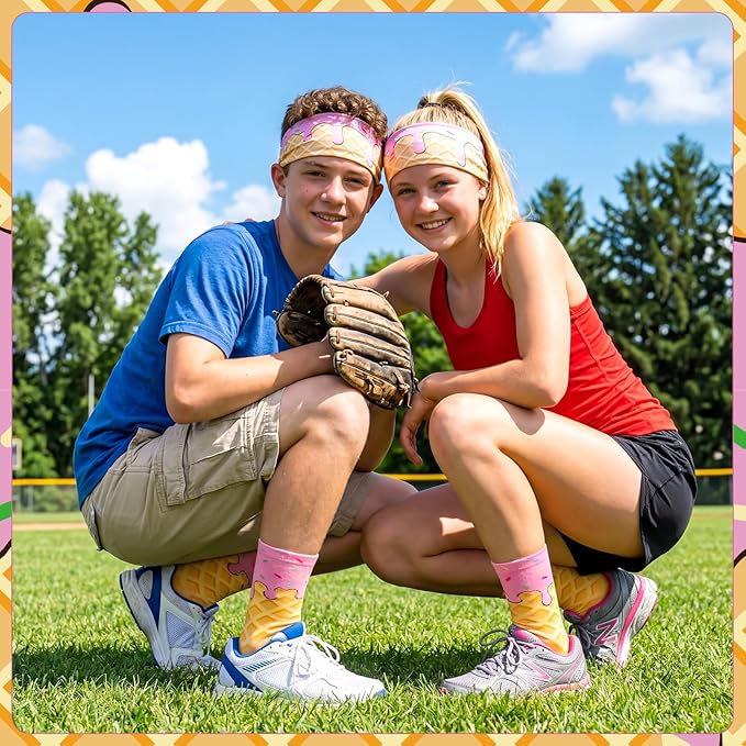 Ice Cream Baseball Headband and Ice Cream Sock Sports Elastic Sweatband Funny Sports Baseball Gifts for Youth Teen Women Men Athletes Football Basketball Running Gym Party Favors
