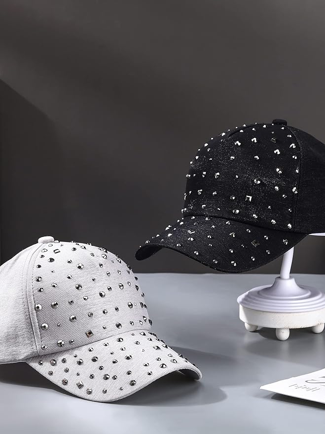 Loopeer 2 Pcs Adjustable Breathable Rhinestone Baseball Cap for Women Men Sequins Casual Sports Cap Rhinestone Hat