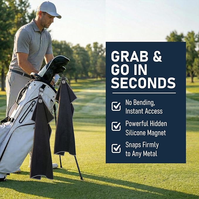 Magnetic Golf Towel 16x24 Ultra Absorbent Waffle Microfiber, Strong Magnet for Cart Clubs, Spot-Clean Design Golf Accessories Gifts for Men(Black+Grey Edge)