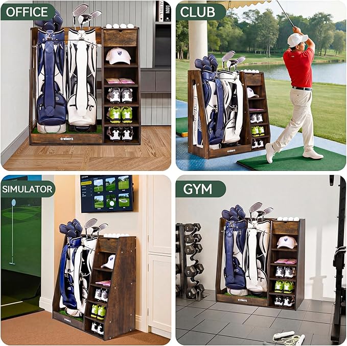 WINGYZ Premium Birch Plywood Golf Bag Storage for 2 Bags | 36lb Rock-Solid Golf Bag Organizer | 7-Shelf Command Center | Artificial Turf 12-Ball Display | No Wall Mounting Required (Brown)