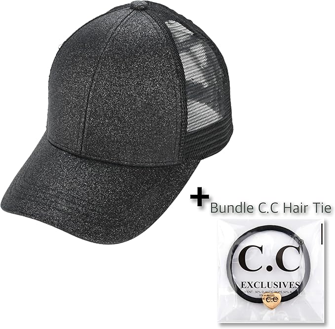 C.C Ponycap Messy High Bun Ponytail Adjustable Glitter Mesh Trucker Baseball Cap