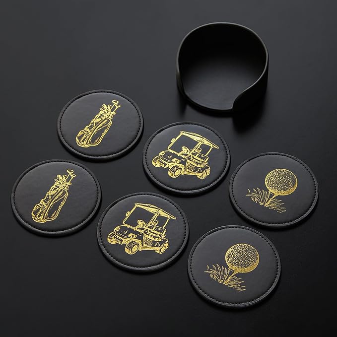 NOBLESIP® Golf Theme Coaster Set of 6 with Holder, Premium Black with Gold Designs, Bar Accessories for Golf Enthusiasts. Unique Decorative Designs. Home bar Gift, Golfer Gift