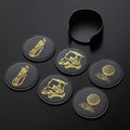 NOBLESIP® Golf Theme Coaster Set of 6 with Holder, Premium Black with Gold Designs, Bar Accessories for Golf Enthusiasts. Unique Decorative Designs. Home bar Gift, Golfer Gift