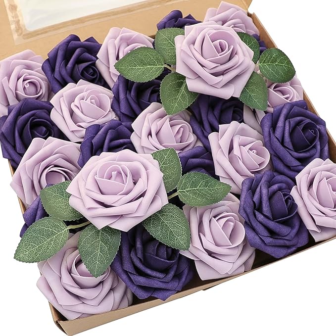 Floroom Artificial Flowers 25pcs Real Looking Lilac & Purple Foam Fake Roses by Floroom