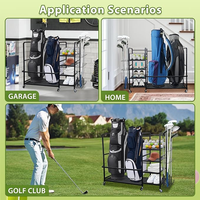 Golf Bag Storage Rack with Wheels, Golf Bag Organizer Fits 2 Bags and Store golf clubs, balls, shoes, and golf equipment accessories, Sturdy Golf Storage Rack for Home Garage Club Basement, Black