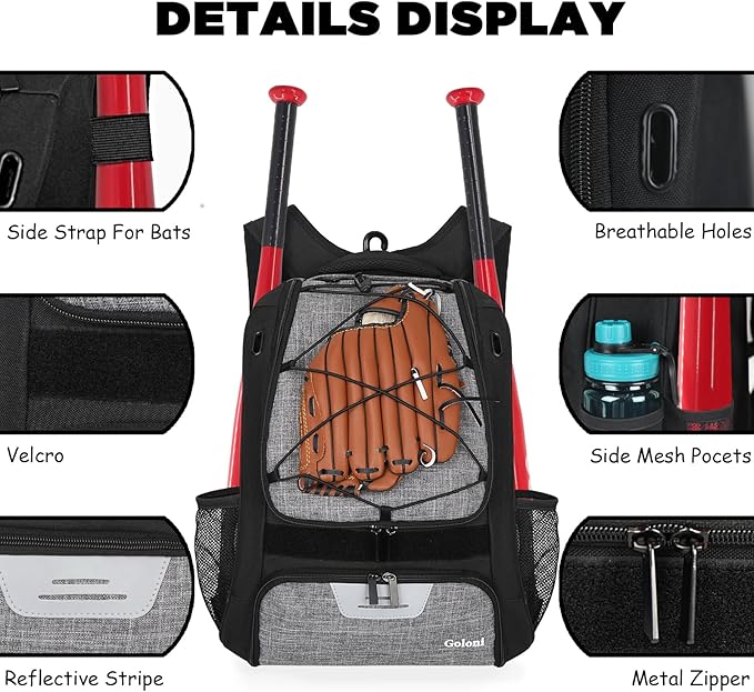 Goloni | Baseball Backpack,Baseball Bag for Adult,Softball Bat Bag with Shoes Compartment,Large Main Compartment for Helmet & accessories, Fence Hook