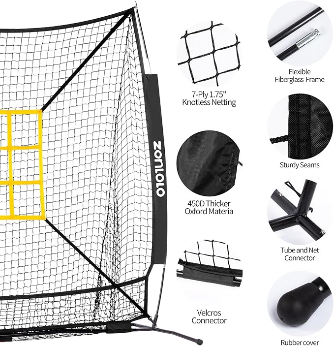 ZONLOLO 6x6ft Baseball & Softball Net for Hitting,Pitching and Batting, Throwing,Baseball net with Sturdy Bow Frame,Battting Tee,Strike Zone, Middle Size,Suitable for Kids!
