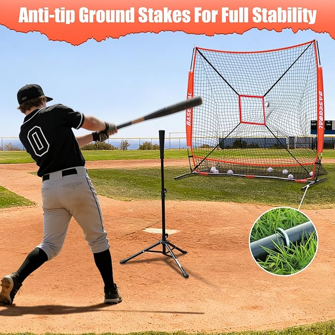 BaseGoal 6'×6' Baseball Softball Practice Net,Baseball Backstop,with Batting Tee,Ball Caddy,for Hitting Pitching Batting Catching with Bow Frame,Bonus Strike Zone,Target,Portable and Foldable