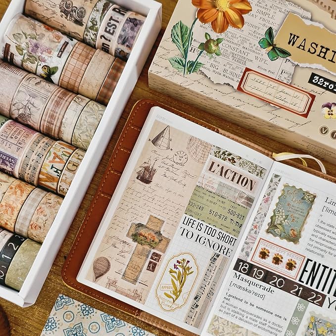 32 Rolls Vintage Washi Tape, Aesthetic Colored Decorative Cute Scrapbook Tape - Image 2