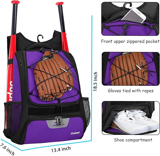 Goloni | Baseball Backpack,Baseball Bag for Adult,Softball Bat Bag with Shoes Compartment,Large Main Compartment for Helmet & accessories, Fence Hook