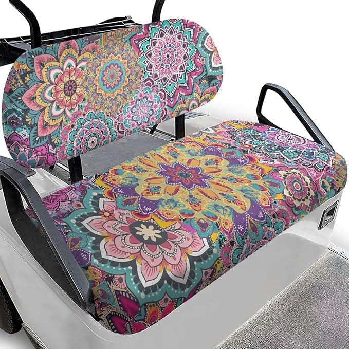 Bulopur Boho Mandala Golf Cart Towel Seat Cover Non-Slip Breathable Golf Car Cushion Cover and Backrest Cover 2 Pack Golfcart Accessory for Women Girly Golfer Gifts