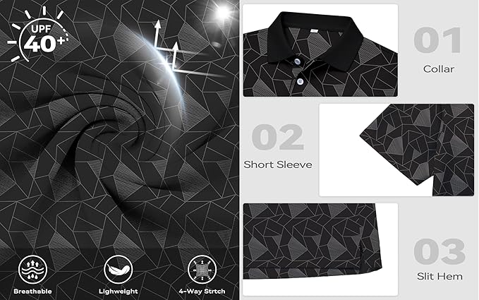 KUYIGO Mens Polo Shirt Quick Dry Moisture Wicking UPF 40+ Performance Printed Short Sleeve Summer Tennis Golf Shirt