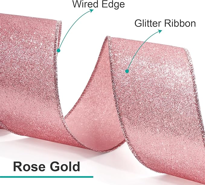 CT CRAFT LLC Glitter Wired Ribbon 1.5" x 10 Yards Rose Gold - Image 2