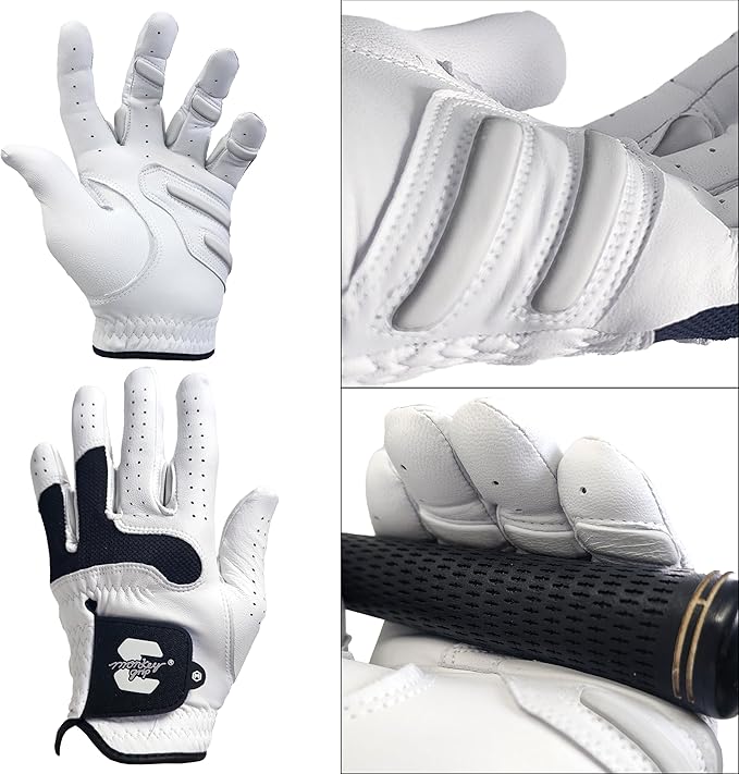 MONKEY GRIP Golf Glove Bearing Capacity Non Slip No Slice pad Premium Leather Power Pad Left Hand, MAN-Small, White