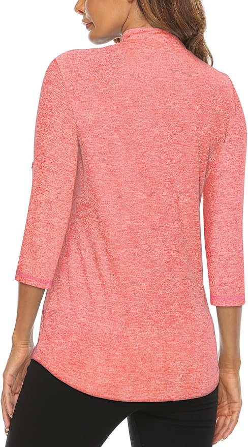 Koscacy Women's 3/4 Roll Sleeve Golf Tennis Polo Shirts UPF50+ Half Zip Dry Fit Workout Tops Athletic Shirt
