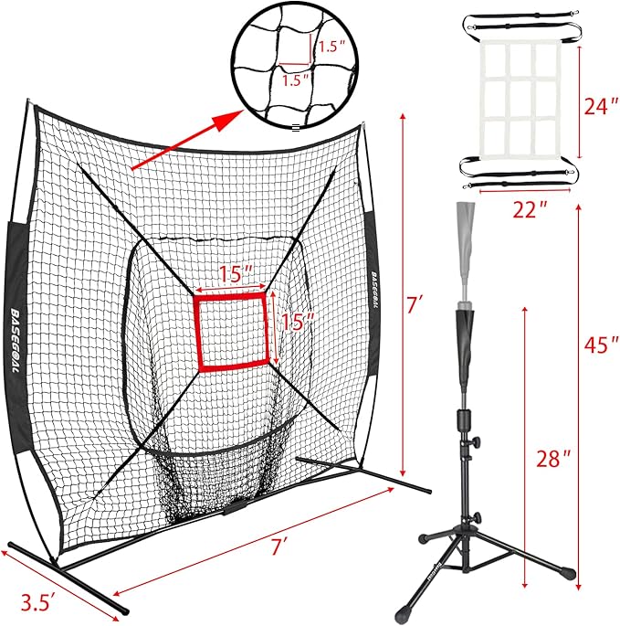BaseGoal 7'×7' Baseball Softball Practice Net,Baseball Backstop,with Batting Tee,for Hitting Pitching Batting Catching with Bow Frame,Bonus Strike Zone