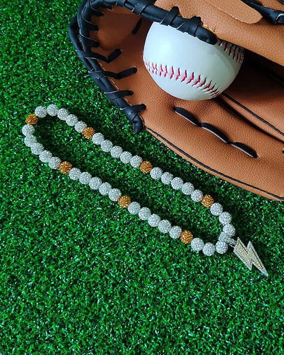 Baseball Necklace for Men 16/18/20 Inch Bling Ice Collection Lightning Bolt Pendant Necklace for Women Rhinestone Clay Beaded Discoball Accessories Gifts for Baseball Team Players Lovers