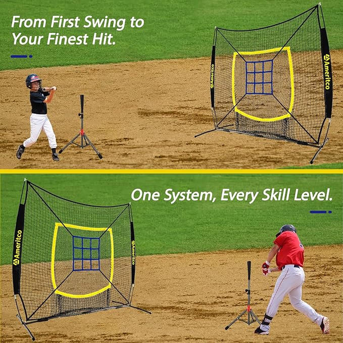 Baseball Net，7x7ft Baseball Practice Net with Tee and Target, Large Pocket Sports net for Hitting/Batting/Pitching/Throwing,Scratch Resistant Base, Versatile Use for All Levels