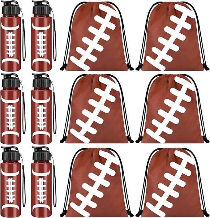 Olgaa 12 Pcs Football Party Favors Include 6 Pcs Water Bottle 20 oz 6 Pcs Drawstring Bag Sports Themed Reusable Drink Bottles Bulk Accessories for Players Lovers Team Gifts (Football)
