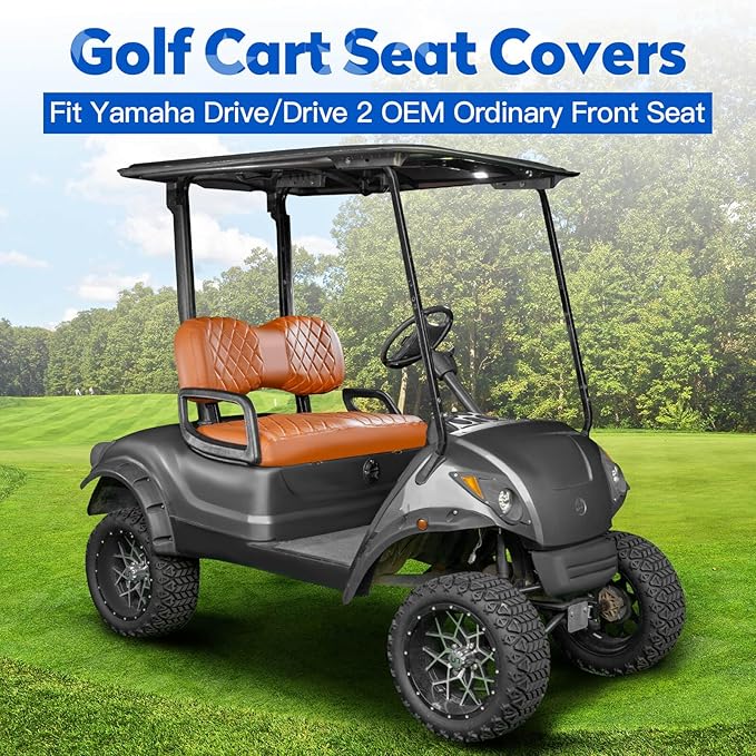 NOKINS Golf Cart Diamond Seat Covers Kit, Fit for Yamaha Drive/Drive 2 OEM Standard Front Seat Cushion, Golf Cart Vinyl Seat Cover, No Nails Required (All Brown)
