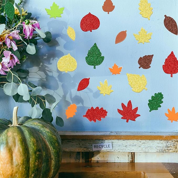 300Pcs Fall Foam Leaf Stickers, Autumn Glitter Maple Leaves Self Adhesive Foam - Image 5