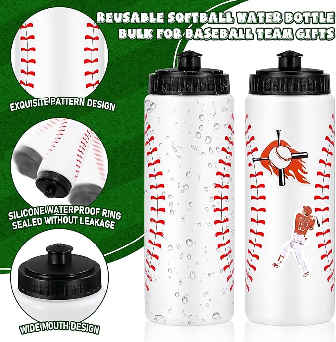 DI QIU REN 12 PCS Baseball Water Bottle Bulk with 300 PCS Stickers, 20 OZ Plastic Reusable Baseball Water Bottles for Boys, Squeeze Water Bottles Sports for Team, Sports Bottles Squeeze for Gym