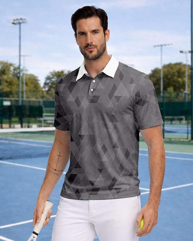 KUYIGO Mens Polo Shirt Quick Dry Moisture Wicking UPF 40+ Performance Printed Short Sleeve Summer Tennis Golf Shirt