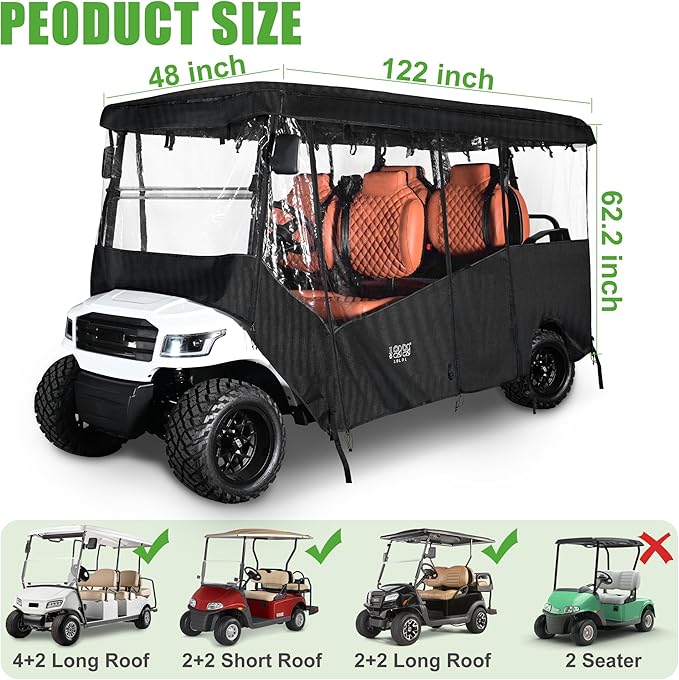 10L0L Golf Cart Enclosures Fits 6 Passenger Golf Cart Rain Cover, 600D Waterproof Driving Enclosure with Clear PVC Windshield for Extended Roof Golf