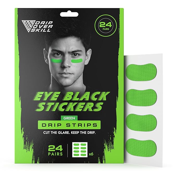 DRIP Strips Pro-Grade Eye Black Stickers, 24 Pairs, Natural Flex & Stretch Eye Black Face Strips, Breathable, Sweat-Proof, Eye Black Baseball, Softball, Football, Lacrosse, Green Flash OG Strips