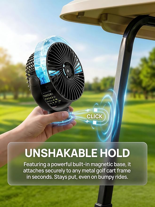 2-Pack Magnetic Golf Cart Misting Fan with Heavy-Duty Strap, 12000mAH Battery Operated Portable Fan with 4 Speeds, LED, Timer, Suitable for EZGO Club Car Yamaha, Golf Cart & Camping Accessories 2026