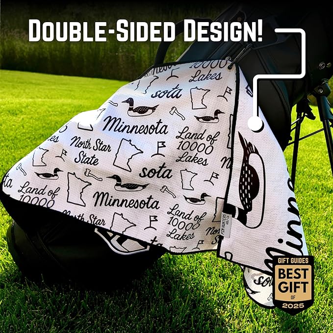 Pin Hunters Minnesota-Themed Microfiber Golf Towel | Premium Waffle Towel with Clip | Large 31"×15.5" Towel for Golf Bags | Accessories for Men | Fun Gift for Husband | USA Pride
