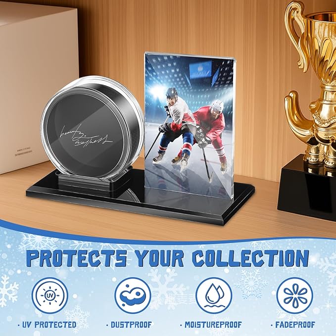 DoubleFill Hockey Puck and Card Display Case Acrylic Clear Holder Black Base Ring Stand Set Hockey Puck Centerpieces Protector Memorabilia Showcase