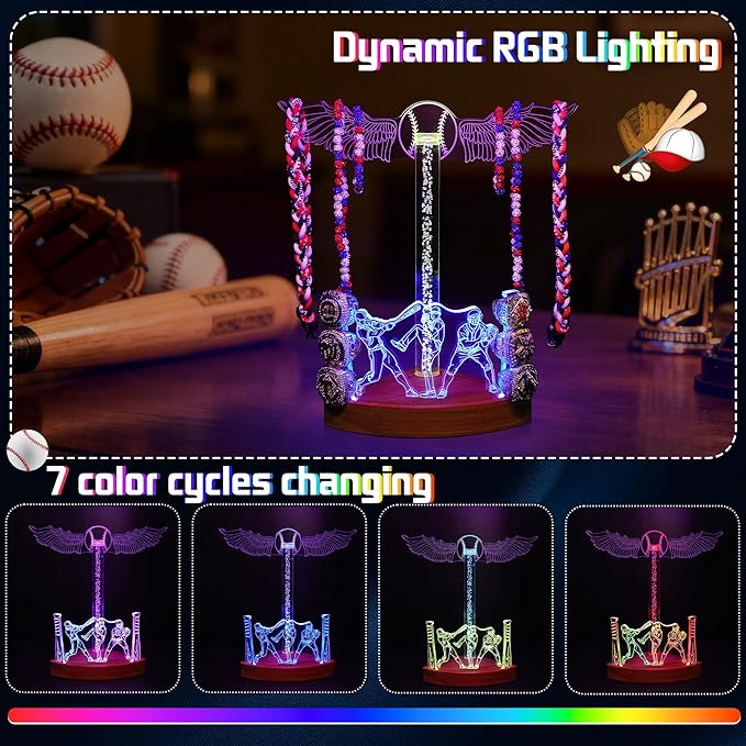 CoolGift Mart Light Up Baseball Ring Holder with Necklace Stand, Acrylic Display with Multiple Color Modes and Brightness Adjustment Function with Remote Control, Gifts for Baseball Enthusiasts