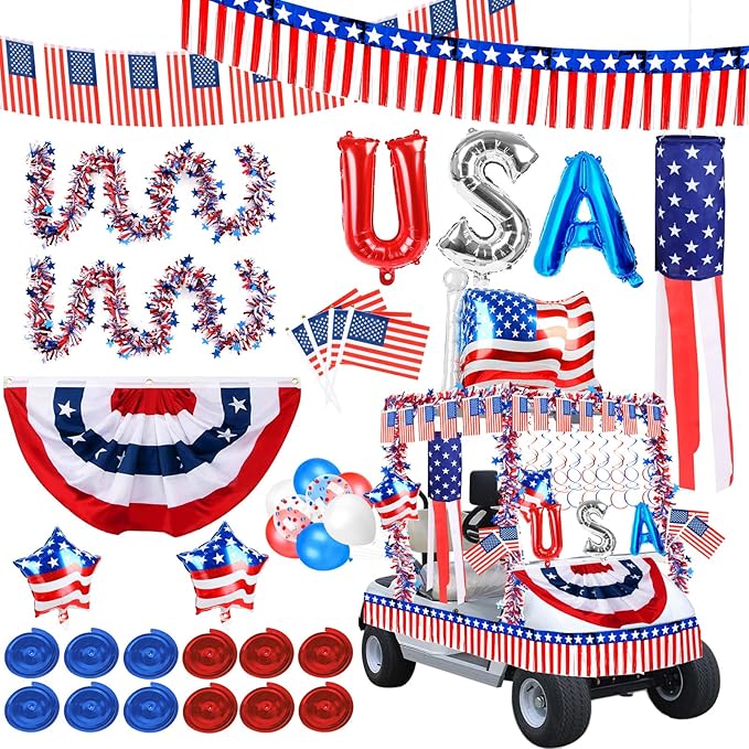 Tryly 4th of July Golf Cart Decorations Kit, Patriotic Parade Golf Cart Decor - Foil Fringe Garland, Pleated Fan Flag, Flag Windsock,Tinsel Garland, for Independence Day Memorial Day (Dependence)
