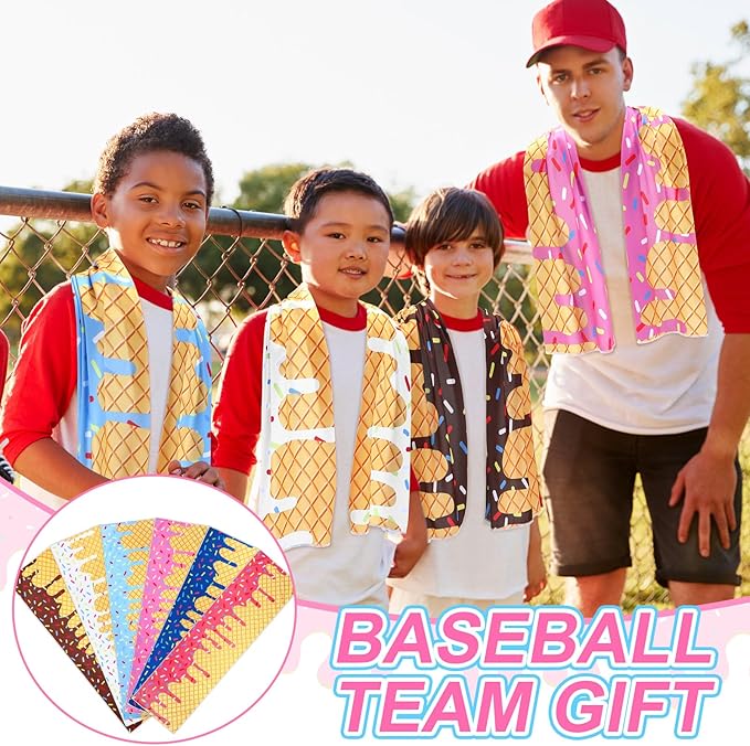 Breling 12 Pcs Ice Cream Drip Baseball Party Favor Cooling Towel Gift 40 x 12 Inch Microfiber Ice Cream Drip Cooling Towels Sweat Absorbent Baseball Team Gift for Hot Weather Workout Yoga Gym Coach